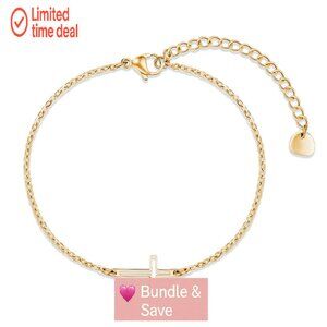 14K Gold Plated Sideways Cross Bracelet Adjustable Rolo Chain